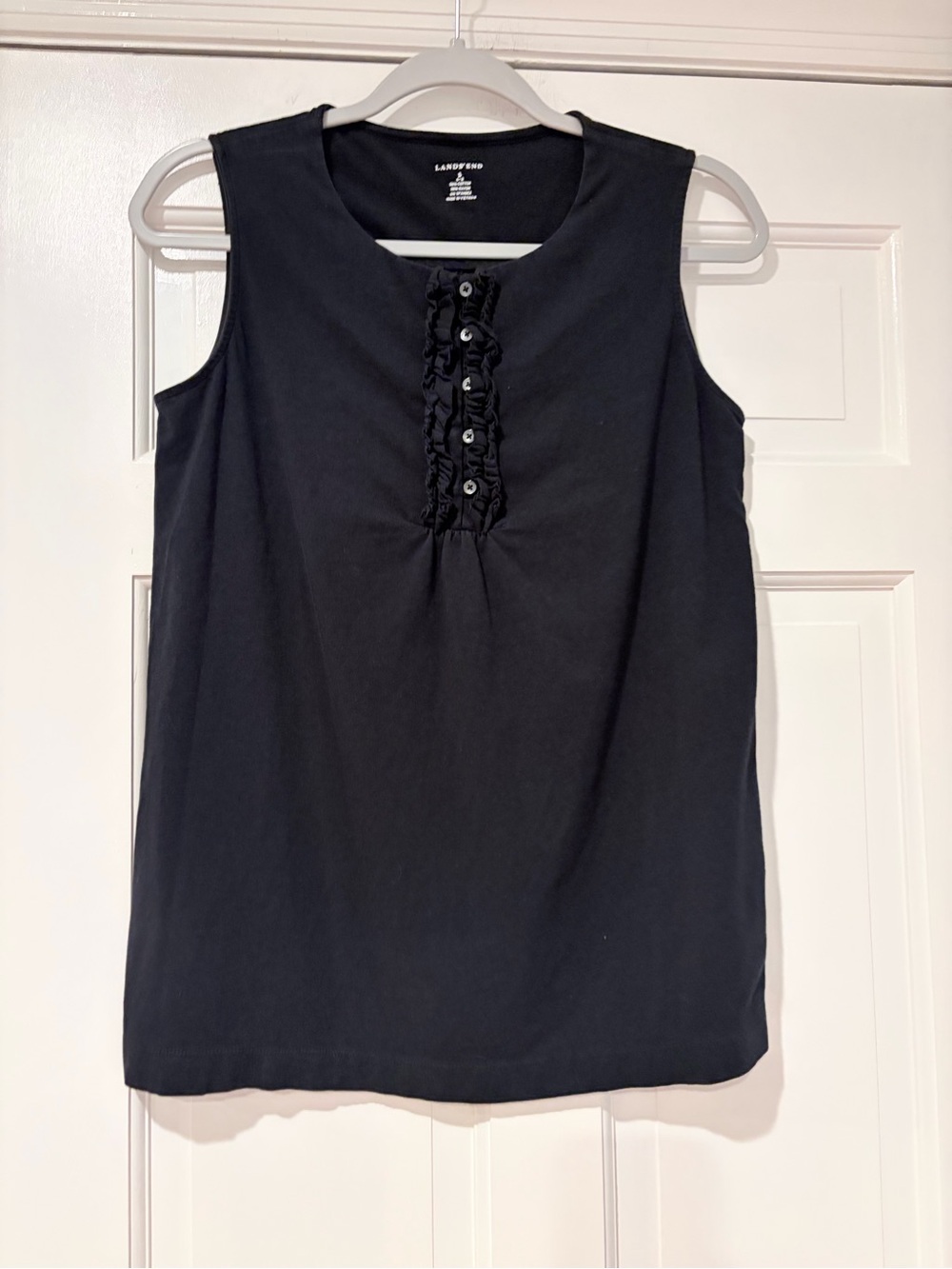 Lands’ End Women’s Black Ruffle Button Sleeveless Tunic Top Small